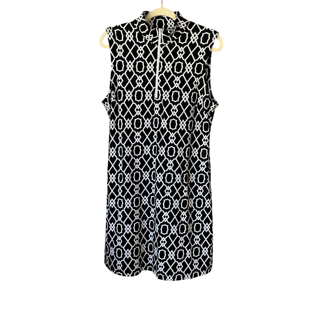 G Lifestyle Womens Black White Geometric Quarter Zip‎ Sleeveless Dress Large